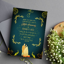 Convites Cerimônia Haldi Indiana Casal Hindu Dourado
