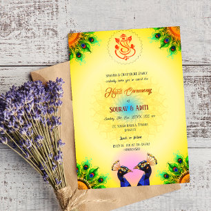 Convites Cerimônia Haldi Indiana Casal Hindu Pavão