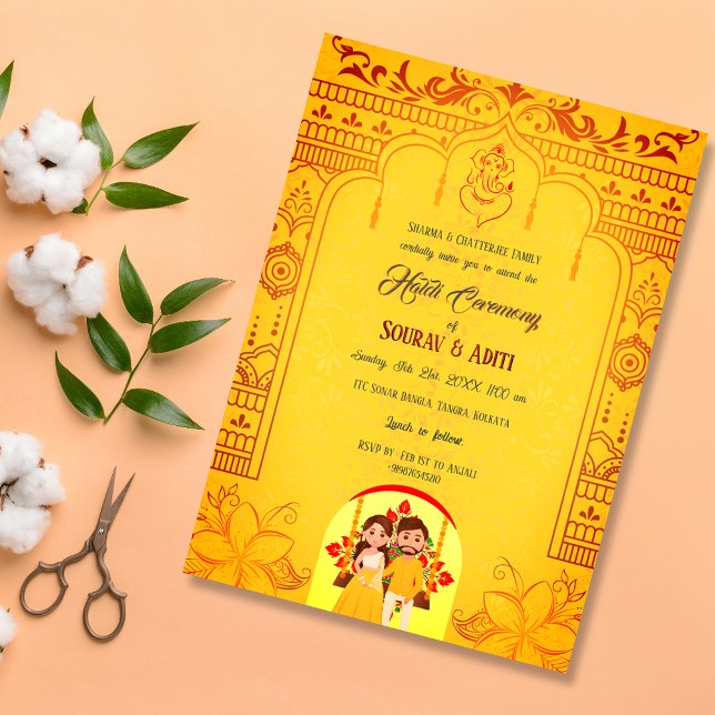 Convites Cerimônia Haldi Indiana Casal Hindu Real (Criador carregado)