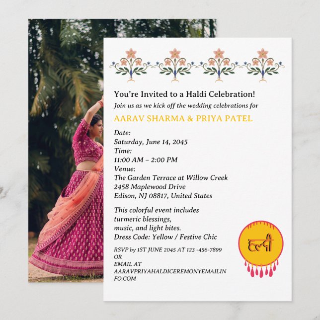 Convites Cerimônia Hindu de Haldi Indiana antes do casament (Frente/Verso)