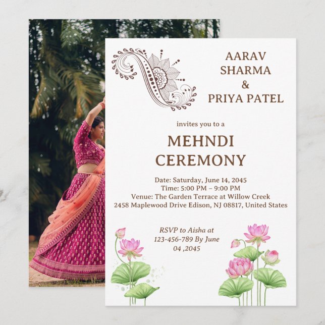 Convites Cerimônia Hindu de Mehndi Indiana Pré-Casamento (Frente/Verso)