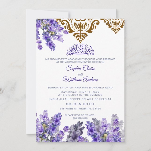 Convites Cerimônia Islâmica de Casamento Floral Valima Aven (Frente)