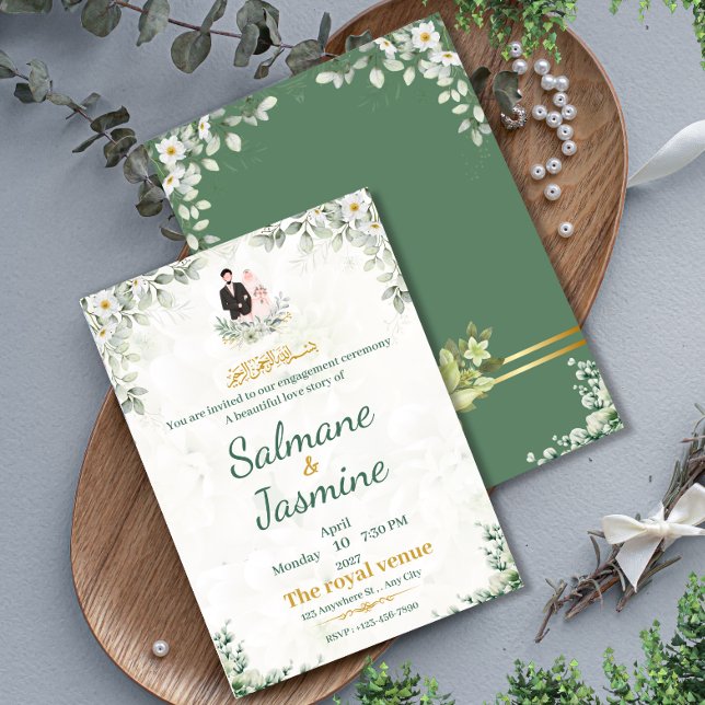 Convites Cerimônia Islâmica de Engajamento Floral Verde Muç (Criador carregado)