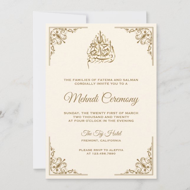 Convites Cerimônia Islâmica de Mehndi em Creme e Dourado (Frente)