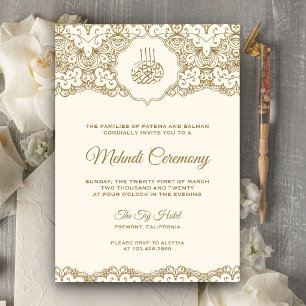 Convites Cerimônia Islâmica de Mehndi em Creme e Renda Dour