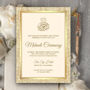 Convites Cerimônia Islâmica de Mehndi em Damasco Creme e Do