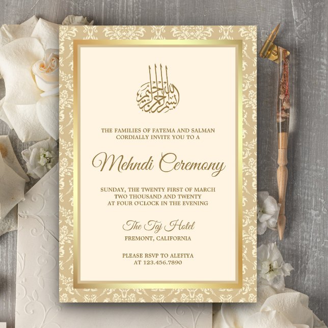 Convites Cerimônia Islâmica de Mehndi em Damasco Creme e Do (Criador carregado)
