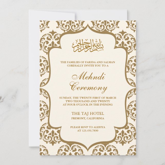 Convites Cerimônia Islâmica de Mehndi em Damasco Creme e Do (Frente)