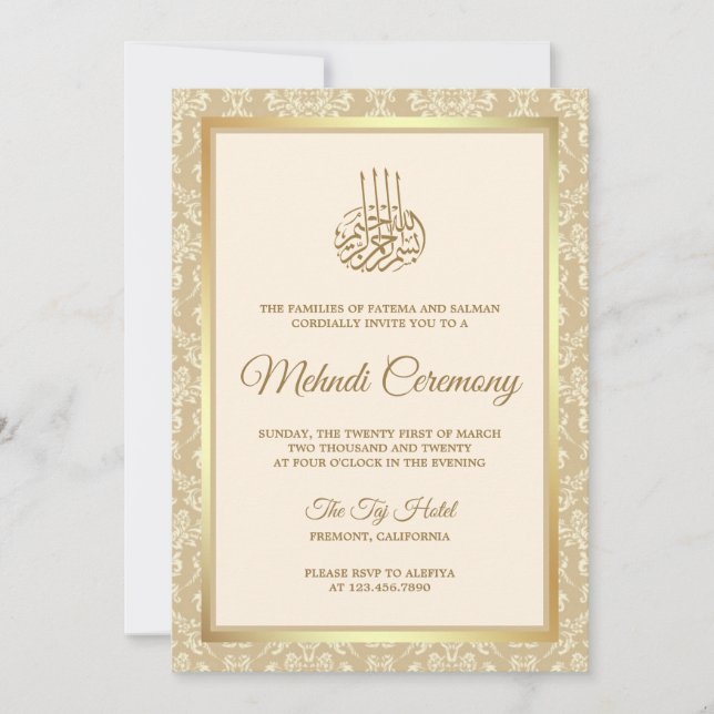 Convites Cerimônia Islâmica de Mehndi em Damasco Creme e Do (Frente)