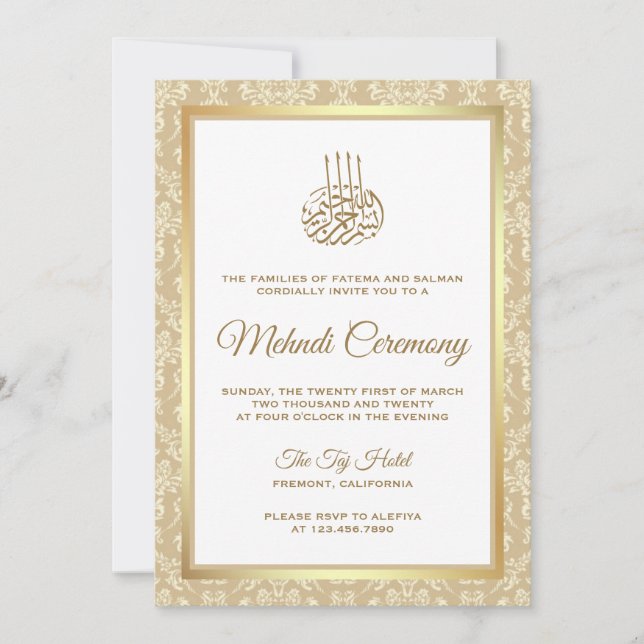 Convites Cerimônia Islâmica de Mehndi em Damasco Dourado e  (Frente)