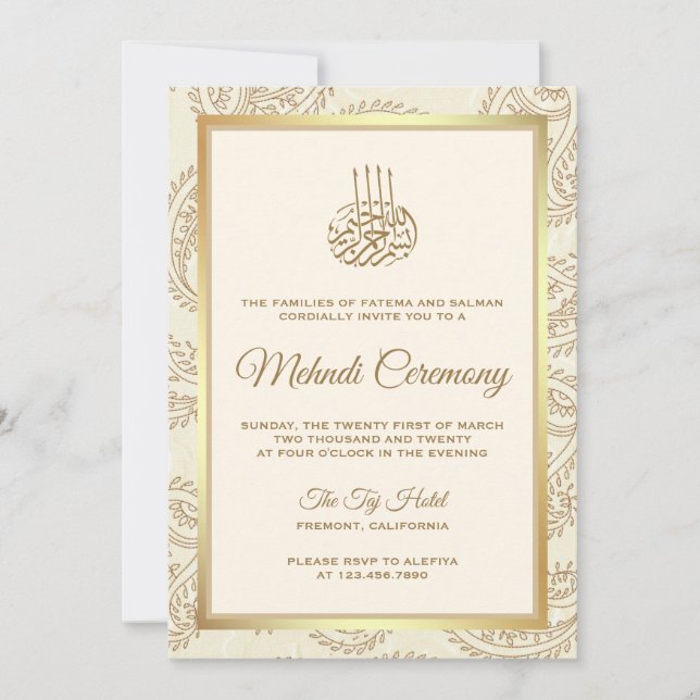 Convites Cerimônia Islâmica de Mehndi em Paisley Creme e Do (Frente)