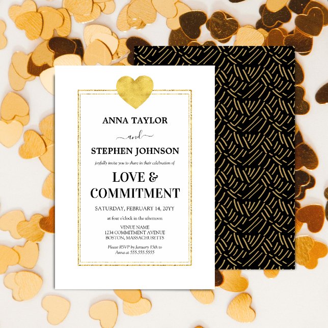 Convites Cerimônia Lux Dourada de Amor e Compromisso (Faux gold foil look commitment ceremony invitation front and back view.)
