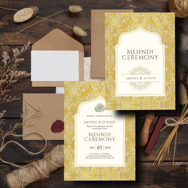 Convites Cerimônia Muçulmana do Ouro Real Islâmico Damask (Criador carregado)