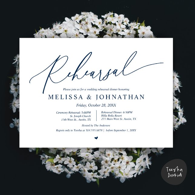 Convites Cerimônia Romântica de Casamento e Ensaio de Janto (Romantic Wedding Ceremony and Dinner Rehearsal Invitation Card, PDF, Navy Blue)