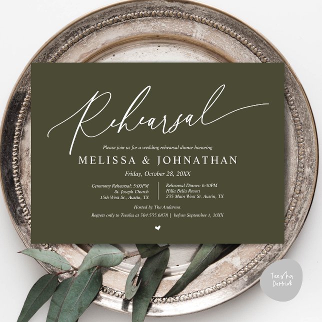 Convites Cerimônia Romântica de Casamento e Ensaio de Janto (Romantic Wedding Ceremony and Dinner Rehearsal Invitation Card, PDF, Olive Green)