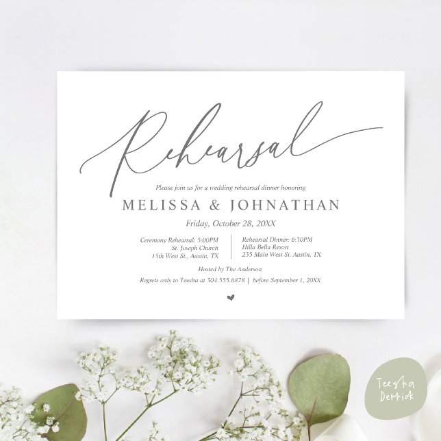 Convites Cerimônia Romântica de Casamento e Ensaio de Janto (Romantic Wedding Ceremony and Dinner Rehearsal Invitation Card, PDF, Dark Grey)