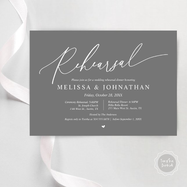 Convites Cerimônia Romântica de Casamento e Ensaio de Janto (Romantic Wedding Ceremony and Dinner Rehearsal Invitation Card, PDF, Dark Grey)