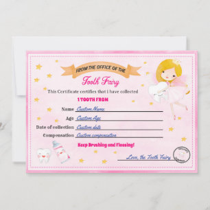 Convites Certificado da Fada do Dente - Recibo de Dente Per