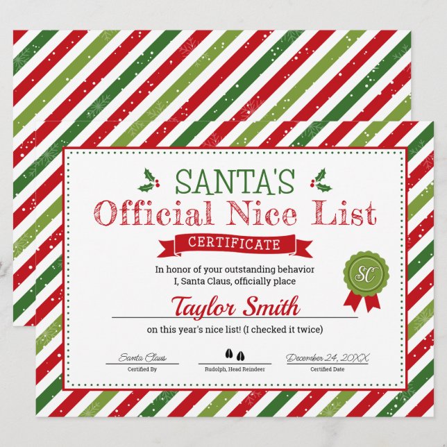 Convites Certificado da Lista Boa do Papai Noel (Frente/Verso)