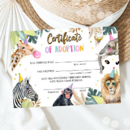 Convites Certificado de Adoção Animais da Parte Safari Aniv