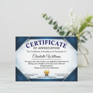 Convites Certificado de Apreciação Azul Profissional