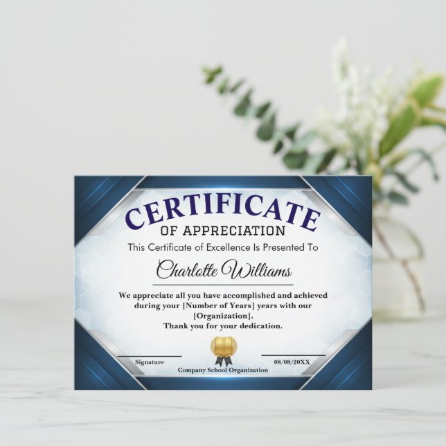 Convites Certificado de Apreciação Azul Profissional (Em pé/Frente)
