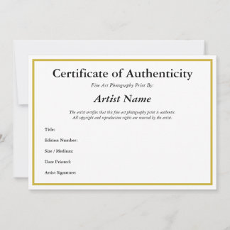 Convites Certificado de autenticidade para fotografia