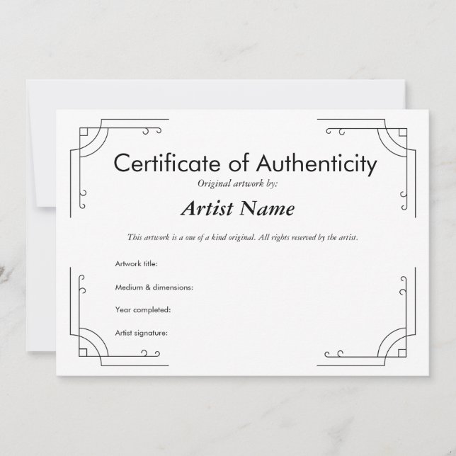 Convites Certificado de Autenticidade Personalizado do Art  (Frente)