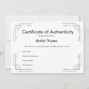 Convites Certificado de Autenticidade Personalizado do Art 