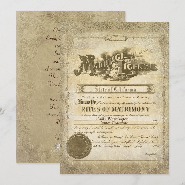 Convites Certificado de Casamento Vintage (Frente/Verso)