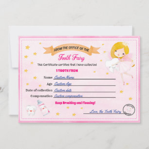 Convites Certificado de Fada dos Dentes Recebimento dos Den