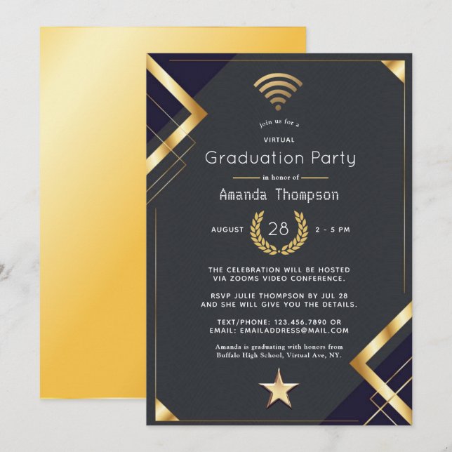 Convites Certificado de Festa de Graduação Virtual Black &  (Frente/Verso)