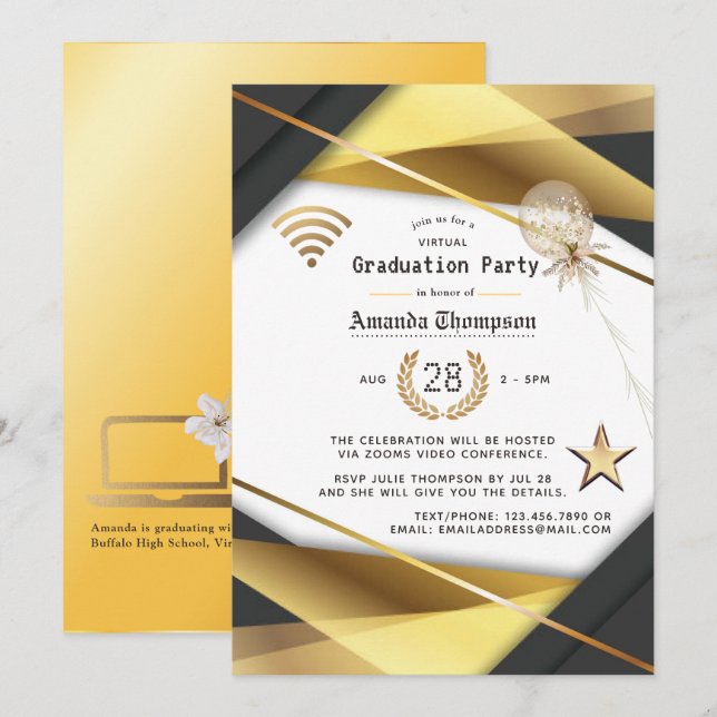 Convites Certificado de Festa de Graduação Virtual Elegante (Frente/Verso)