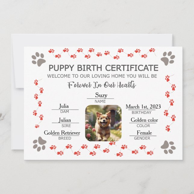 Convites Certificado de Nascimento de Puppy Personalizado (Frente)