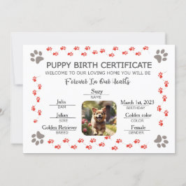 Convites Certificado de Nascimento de Puppy Personalizado