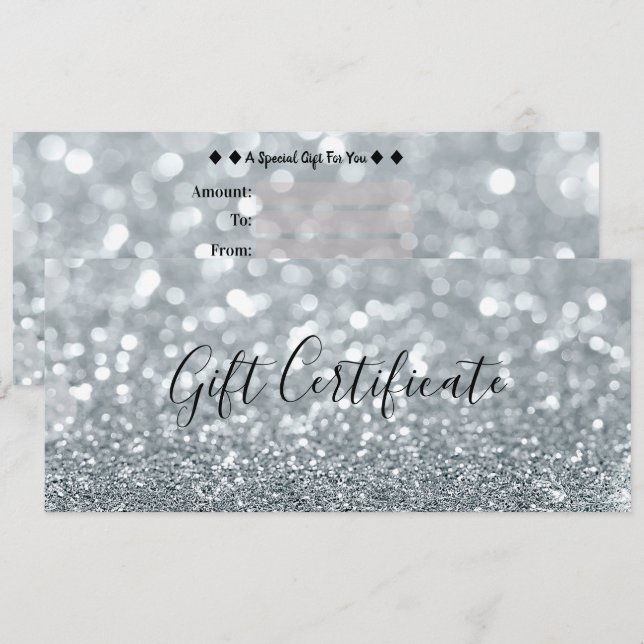 Convites Certificado de Presente Glamour Brilho Prata Branc (Frente/Verso)
