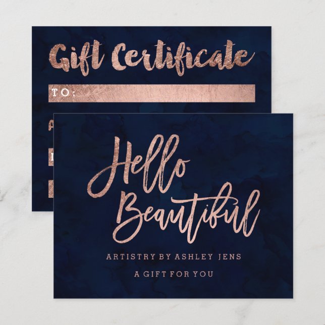 Convites Certificado de presente rosa de ouro de giz azul d (Frente/Verso)