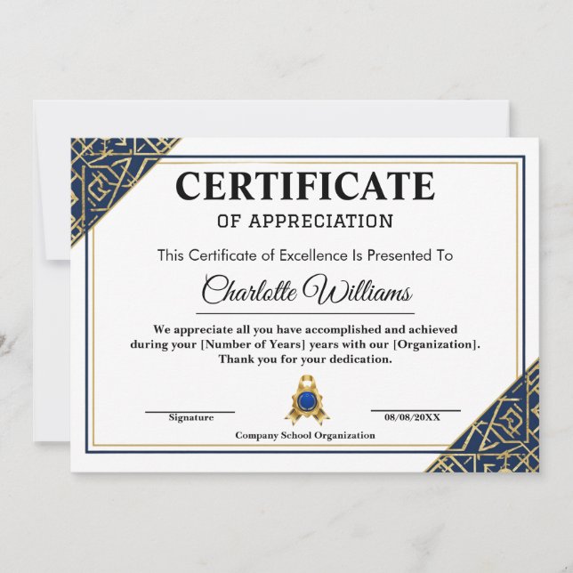 Convites Certificado de Reconhecimento de Funcionário Azul  (Frente)