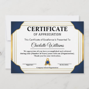 Convites Certificado de Reconhecimento de Funcionário Azul