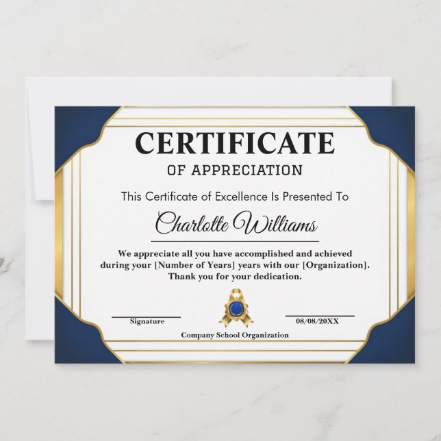 Convites Certificado de Reconhecimento de Funcionário Azul  (Frente)