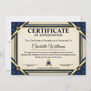 Convites Certificado de Reconhecimento de Funcionário Azul 