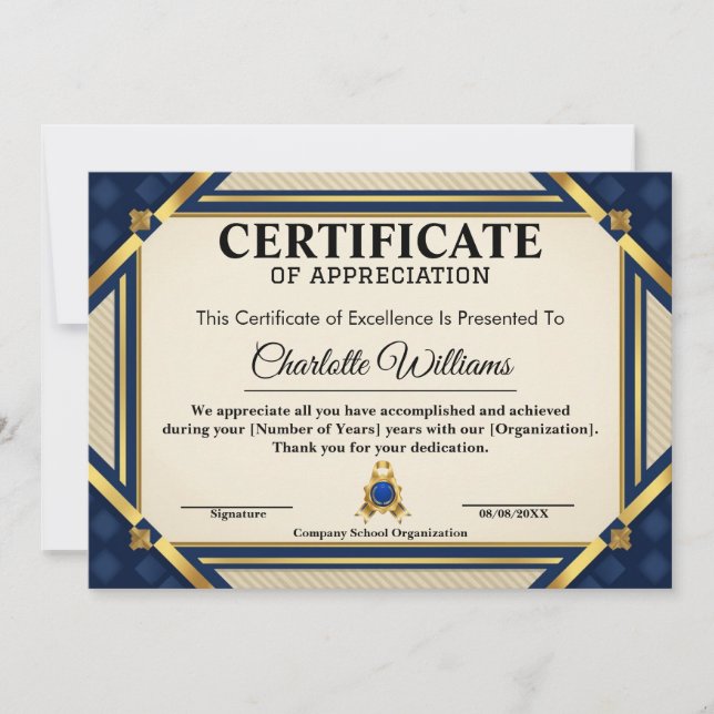 Convites Certificado de Reconhecimento de Funcionário Azul  (Frente)