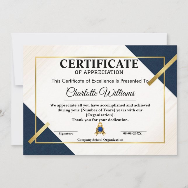 Convites Certificado de Reconhecimento de Funcionário Azul  (Frente)