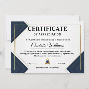 Convites Certificado de Reconhecimento de Funcionário Azul