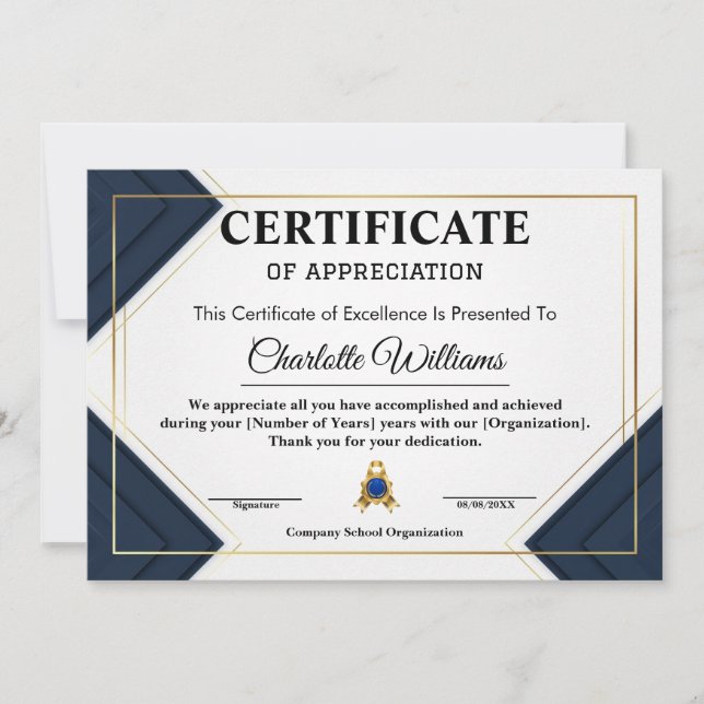 Convites Certificado de Reconhecimento de Funcionário Azul  (Frente)