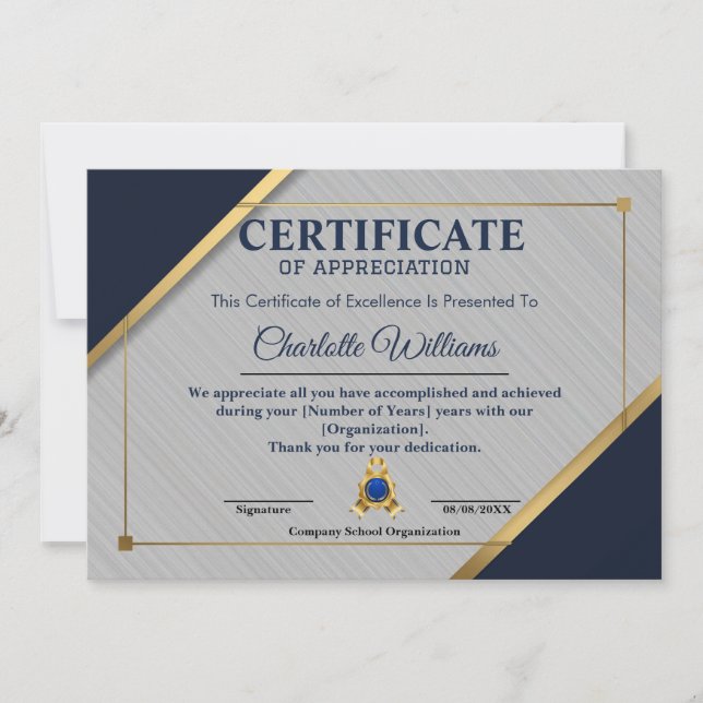 Convites Certificado de Reconhecimento de Funcionário Azul  (Frente)