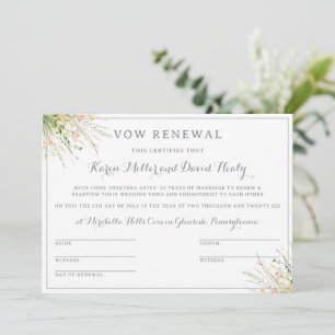 Convites Certificado de Renovação de Votos Greenery Boho Wi
