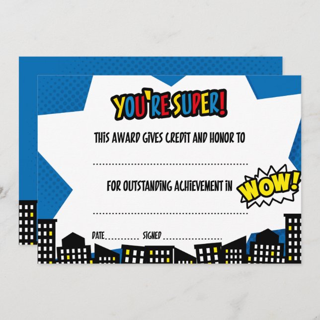 Convites Certificado de Superherói, Diploma (Frente/Verso)