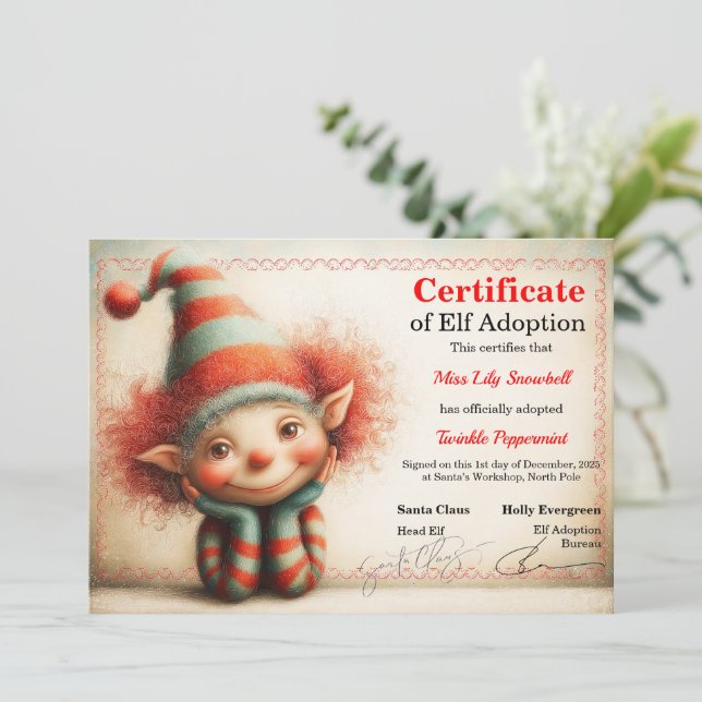 Convites Certificado Oficial de Adoção de Elfo do Polo Nort (Em pé/Frente)
