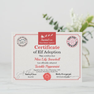Convites Certificado Oficial de Adoção de Elfo do Polo Nort